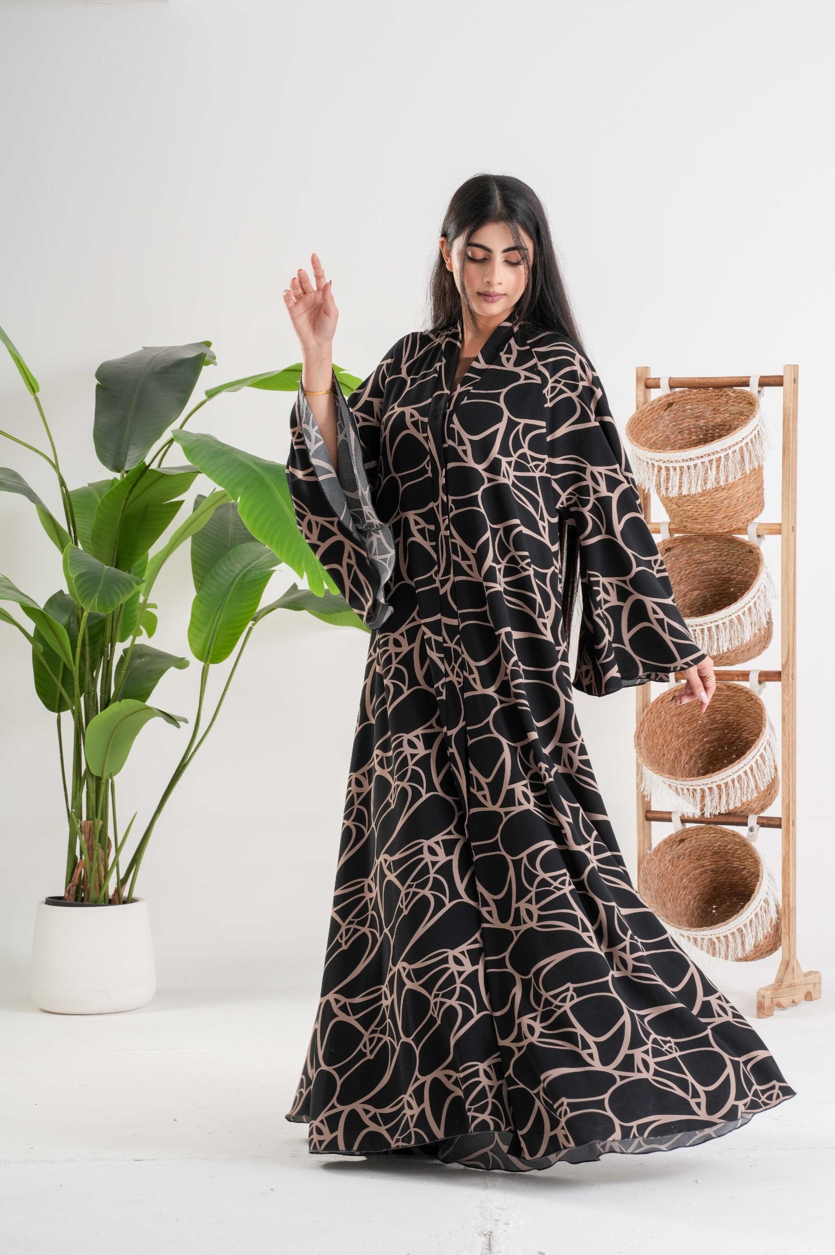 Black Abaya with Abstract Beige Pattern