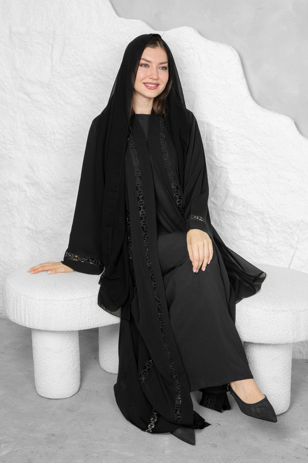 Black Abaya – Premium Nida Korean Fabric with Elegant Lace | Luxury Abaya Online