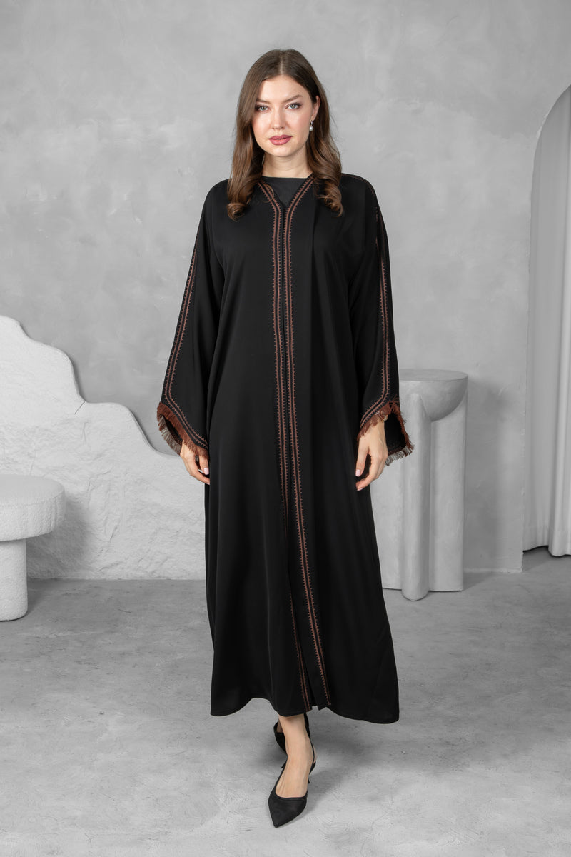 Classic Black Abaya – Nida Korean Fabric with Brown Thread Work Sleeves