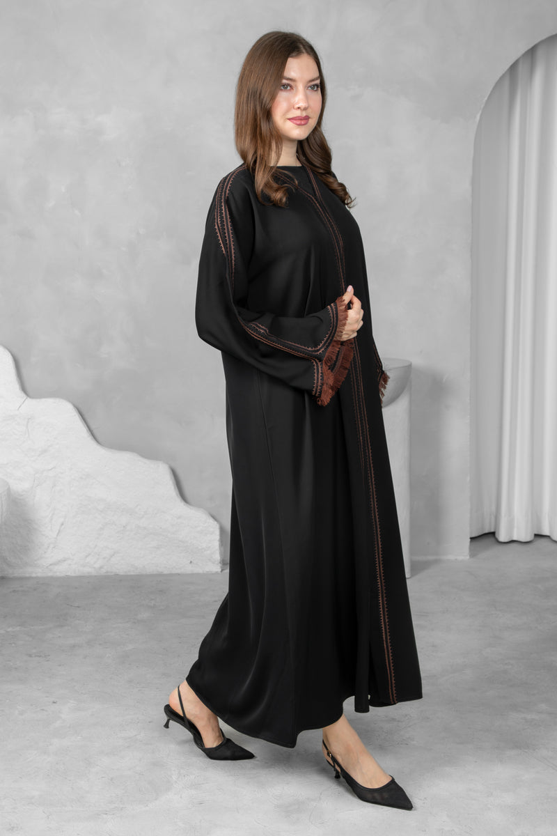 Classic Black Abaya – Nida Korean Fabric with Brown Thread Work Sleeves