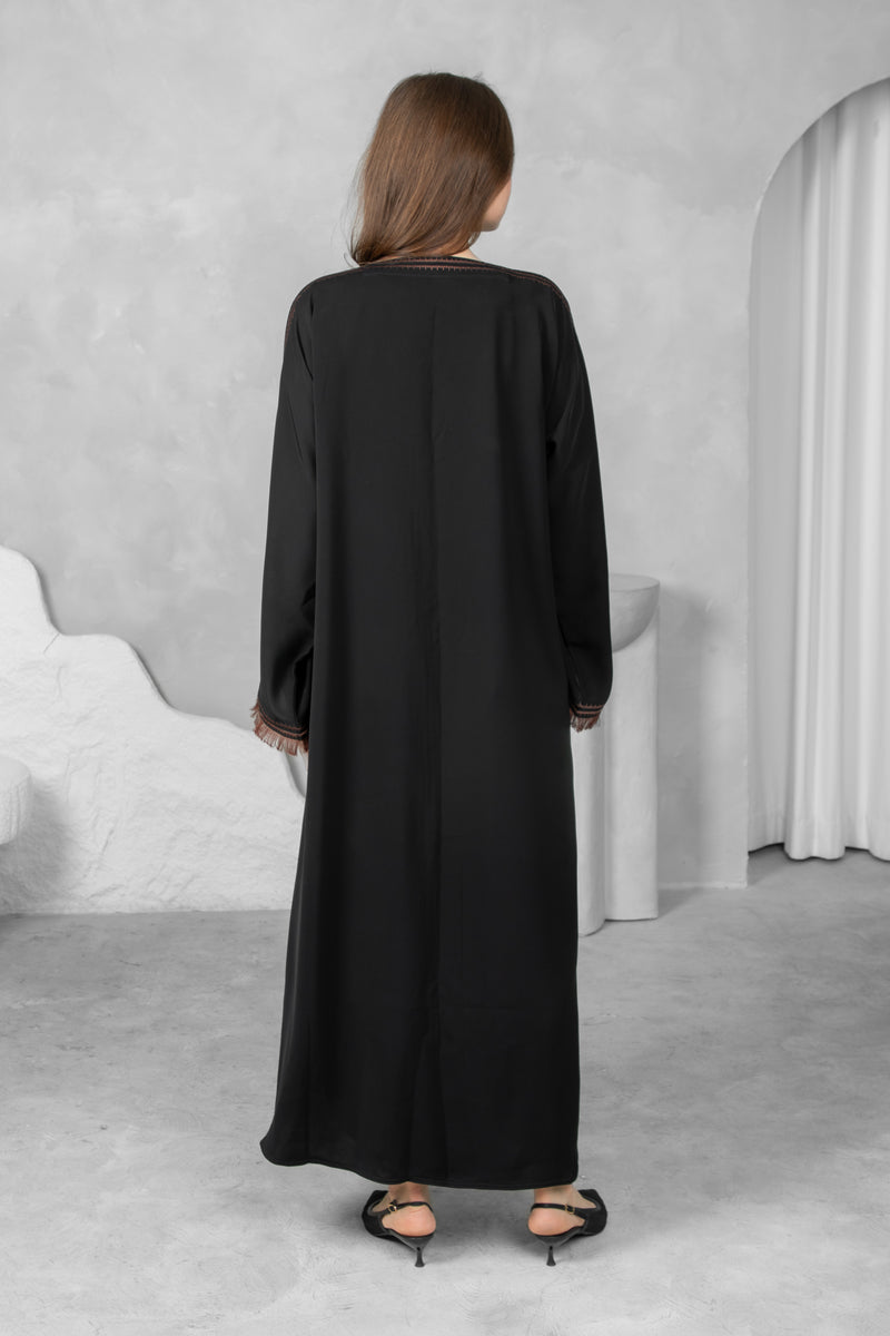 Classic Black Abaya – Nida Korean Fabric with Brown Thread Work Sleeves