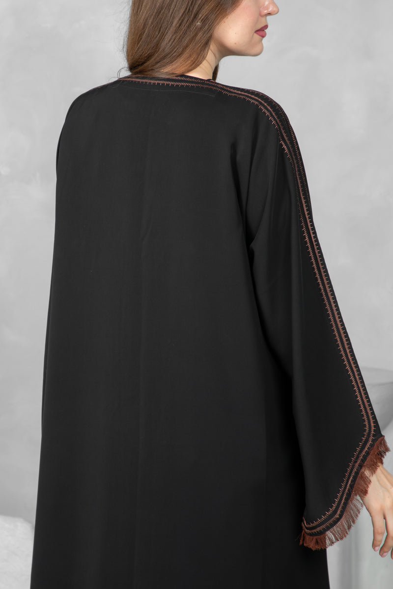 Classic Black Abaya – Nida Korean Fabric with Brown Thread Work Sleeves