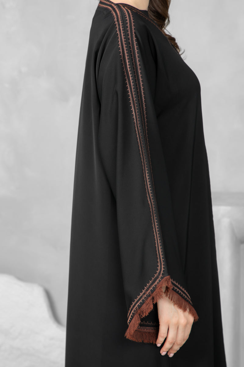 Classic Black Abaya – Nida Korean Fabric with Brown Thread Work Sleeves