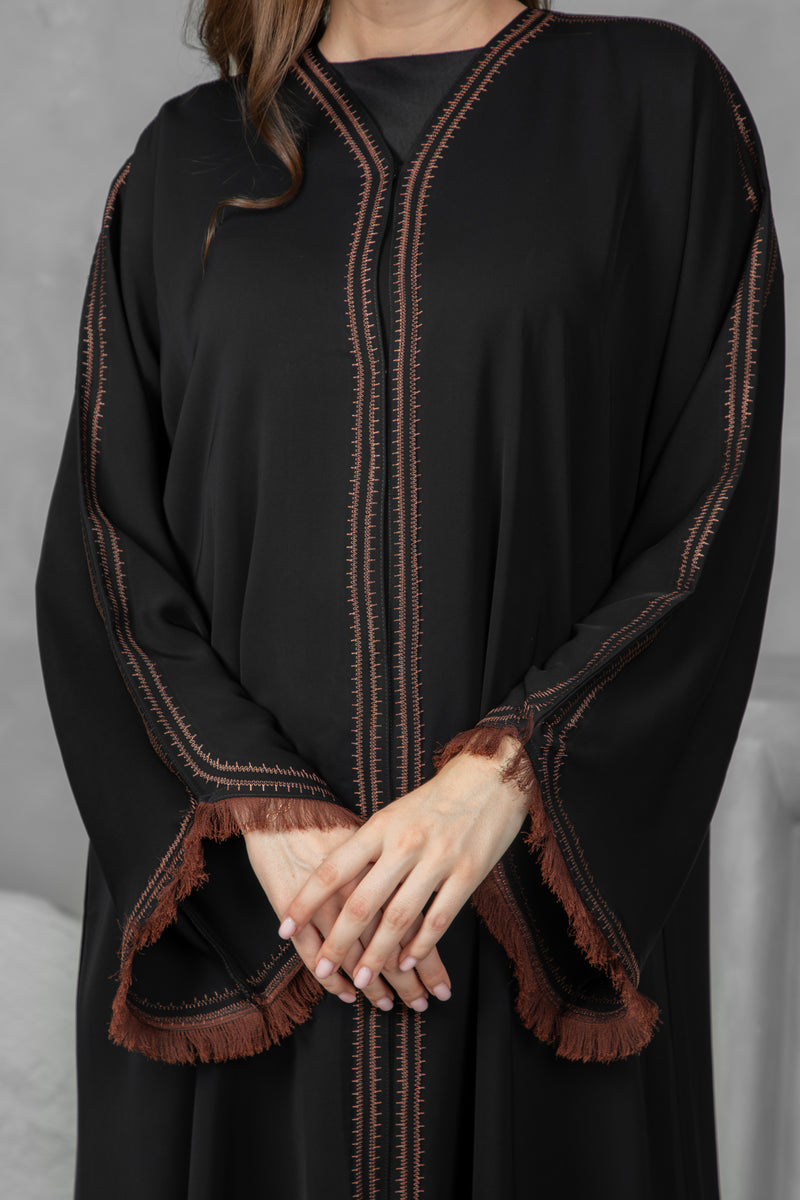 Classic Black Abaya – Nida Korean Fabric with Brown Thread Work Sleeves
