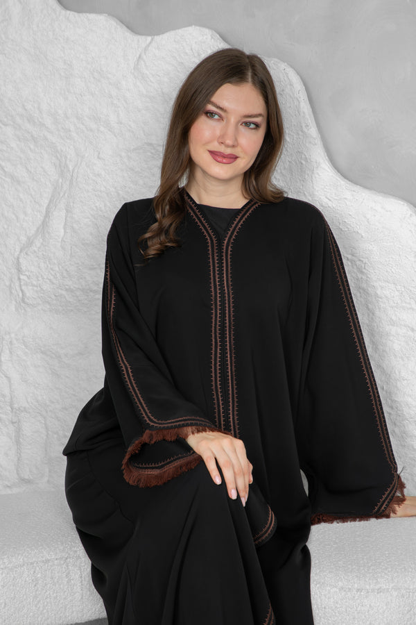 Classic Black Abaya – Nida Korean Fabric with Brown Thread Work Sleeves
