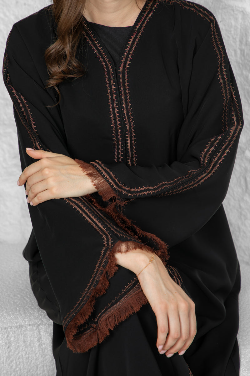 Classic Black Abaya – Nida Korean Fabric with Brown Thread Work Sleeves