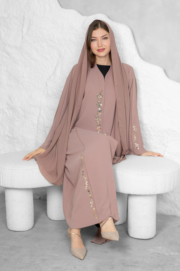 Luxury Mauve Abaya – Premium Fabric with Stunning Handwork | Designer Abaya UAE
