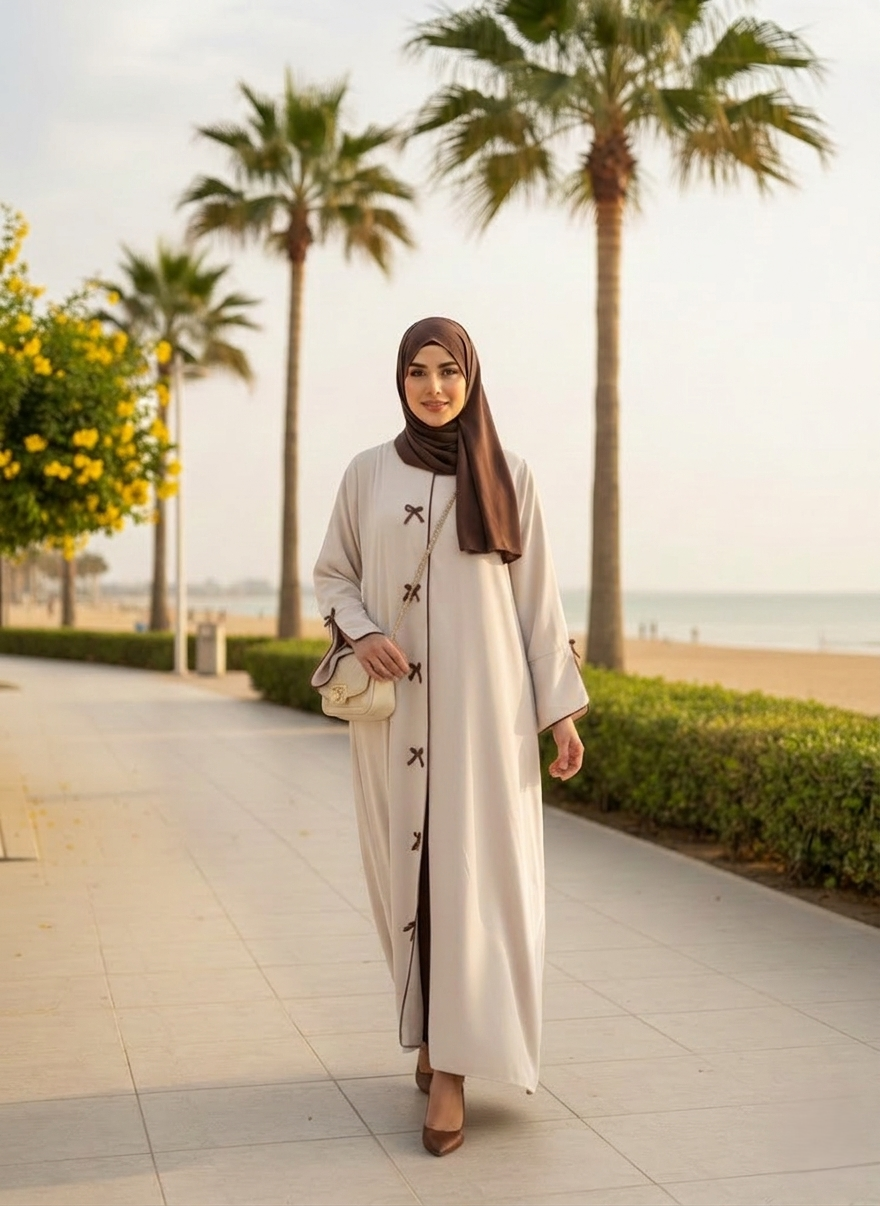 Bow Detail Abaya in Taupe