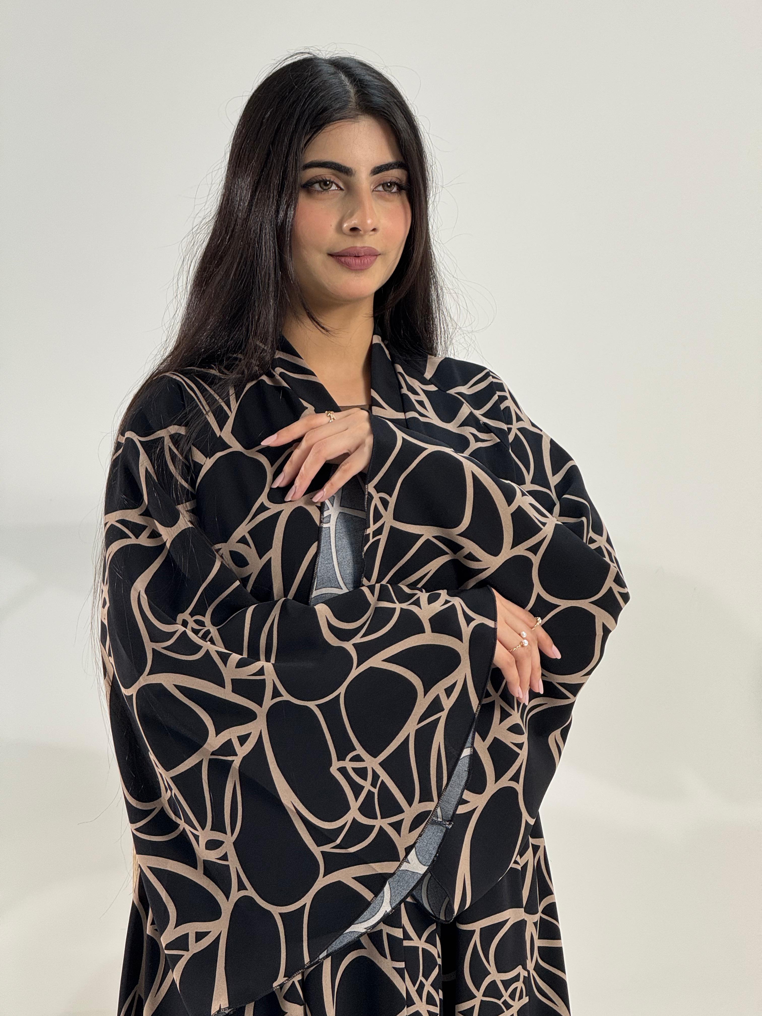 Black Abaya with Abstract Beige Pattern