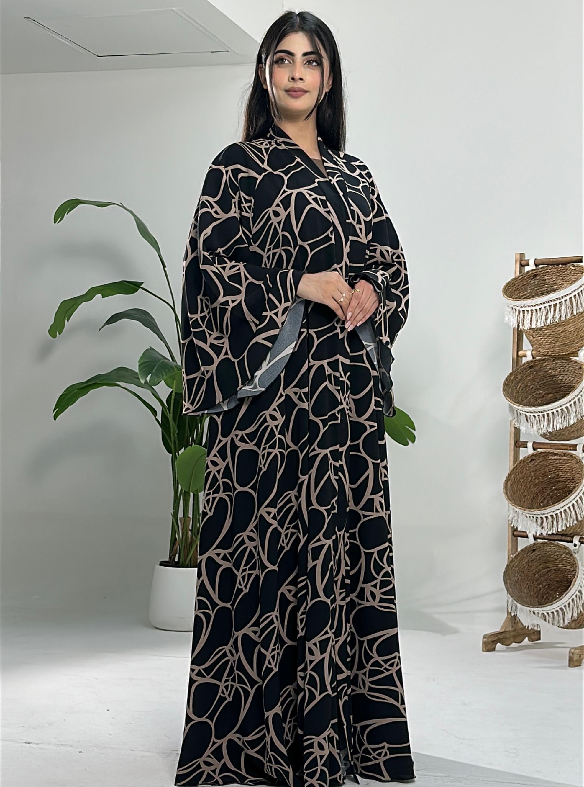 Black Abaya with Abstract Beige Pattern