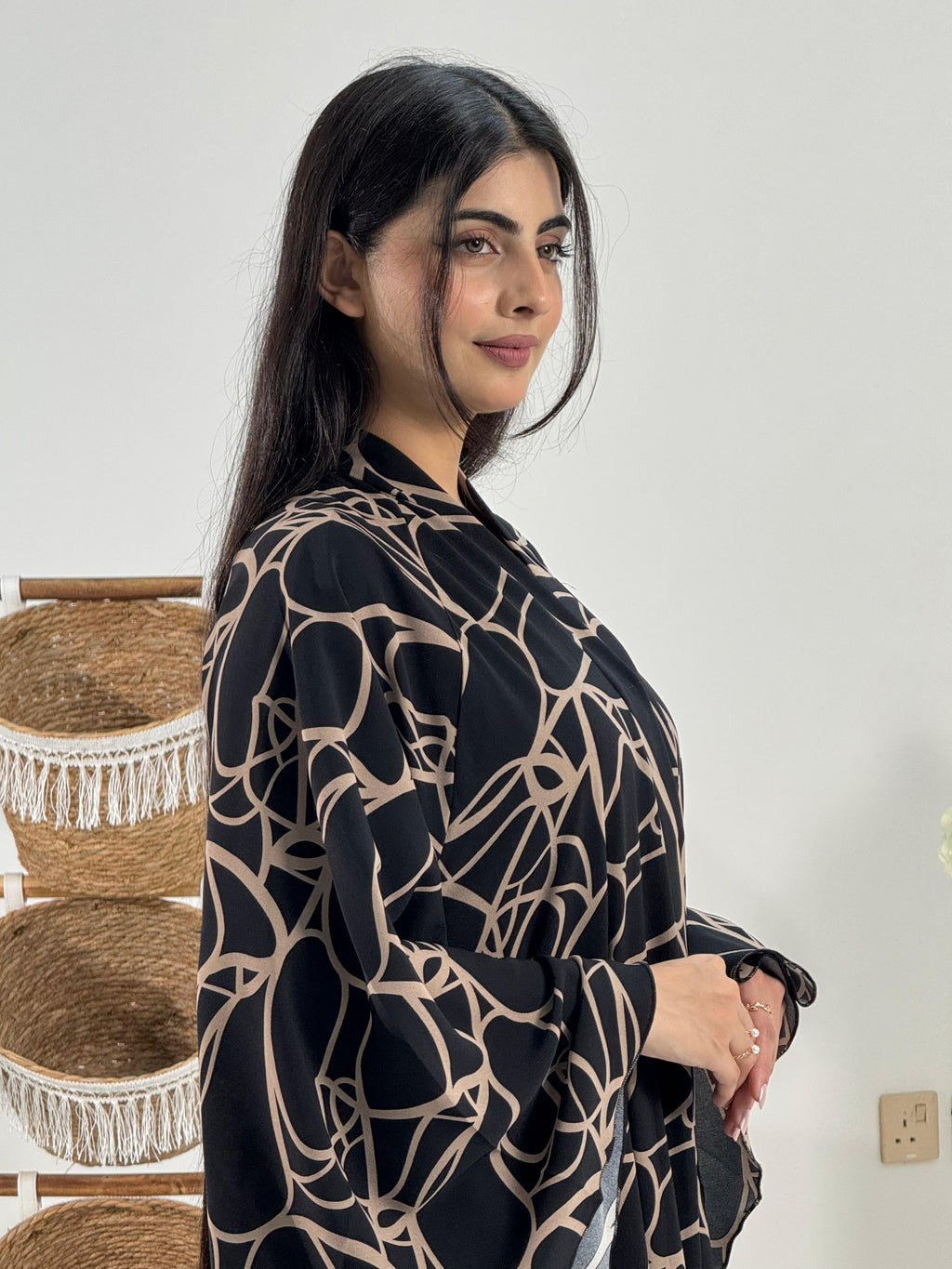 Black Abaya with Abstract Beige Pattern