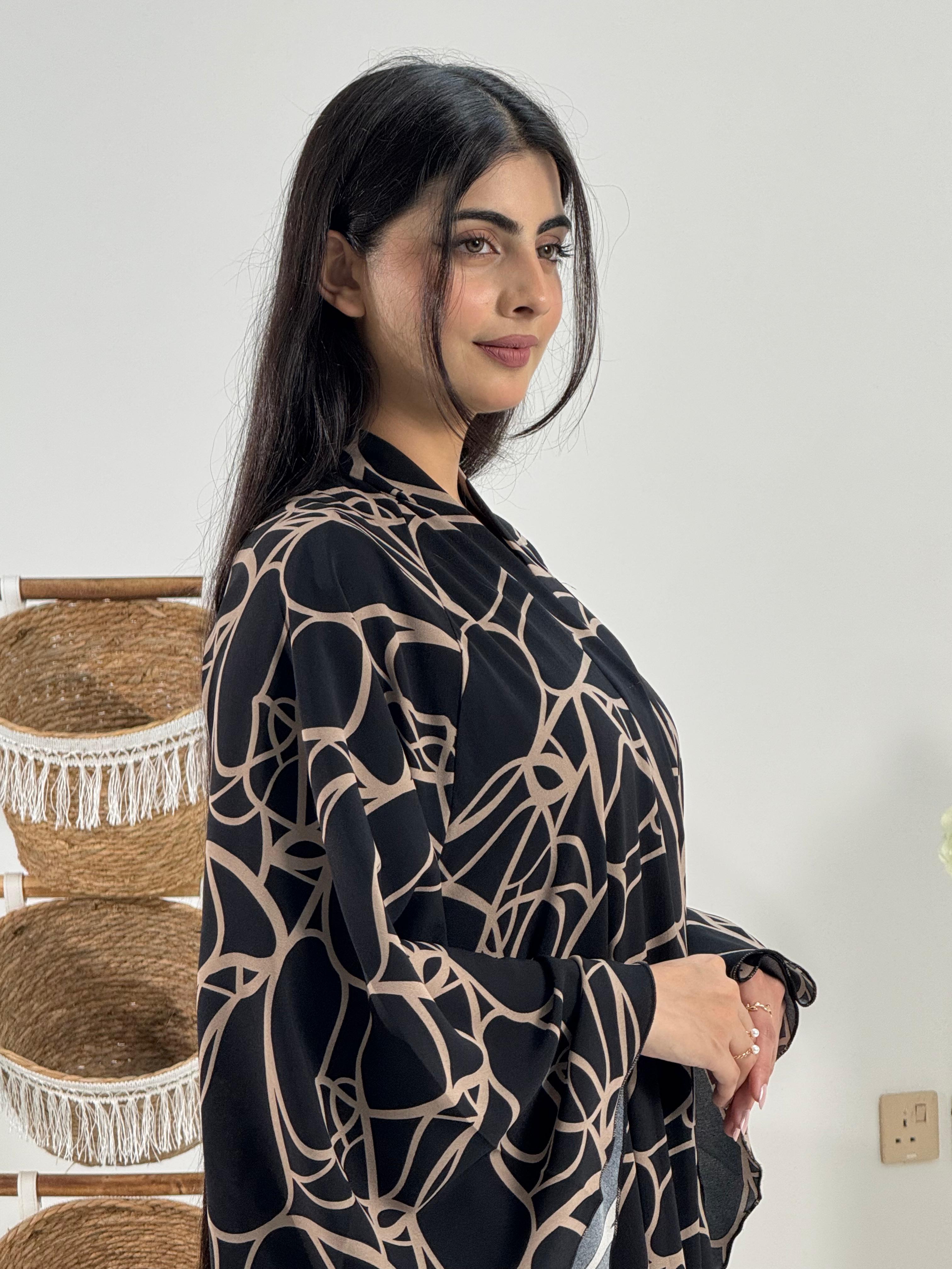 Black Abaya with Abstract Beige Pattern