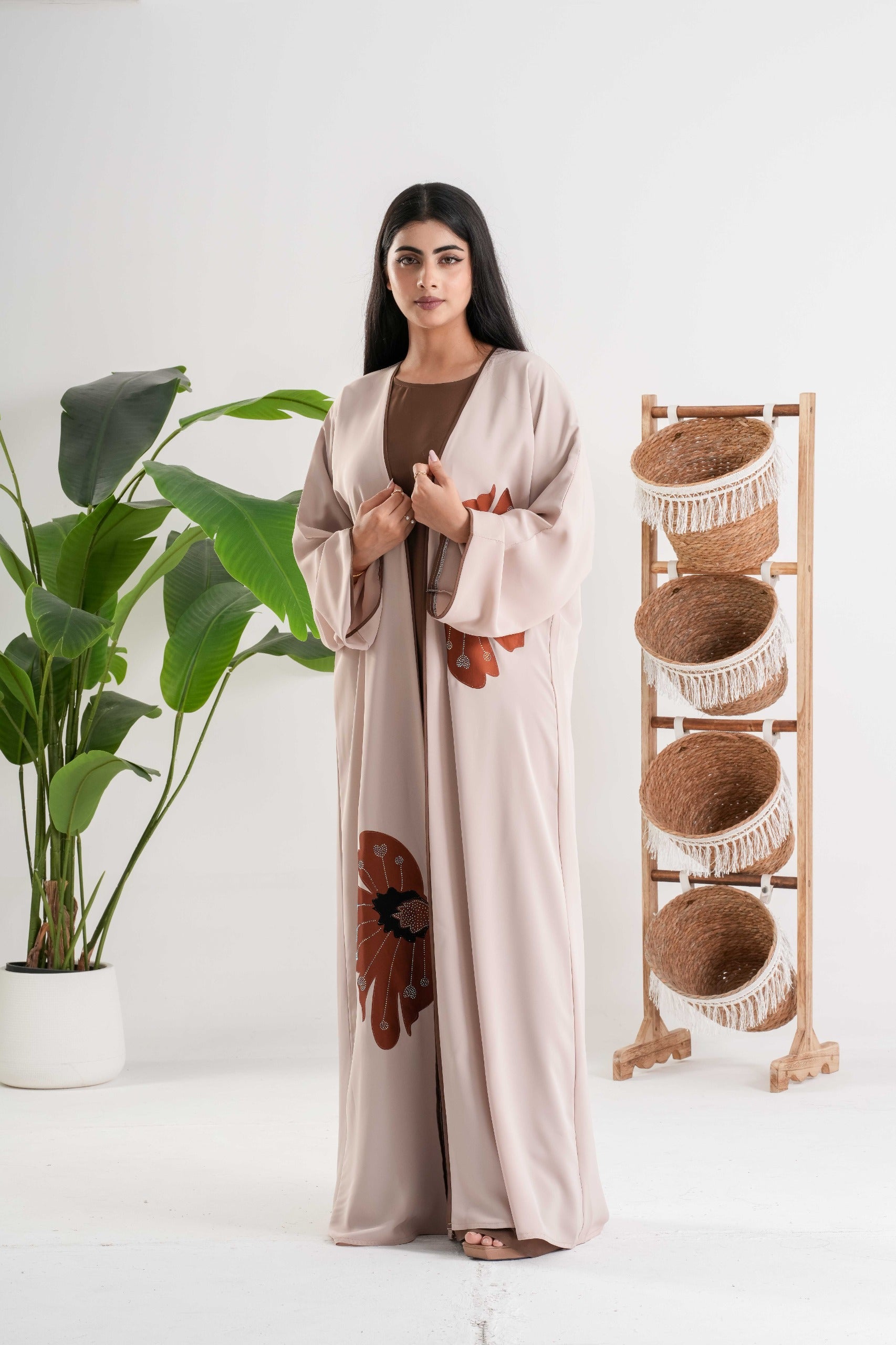 Beige Floral Abaya