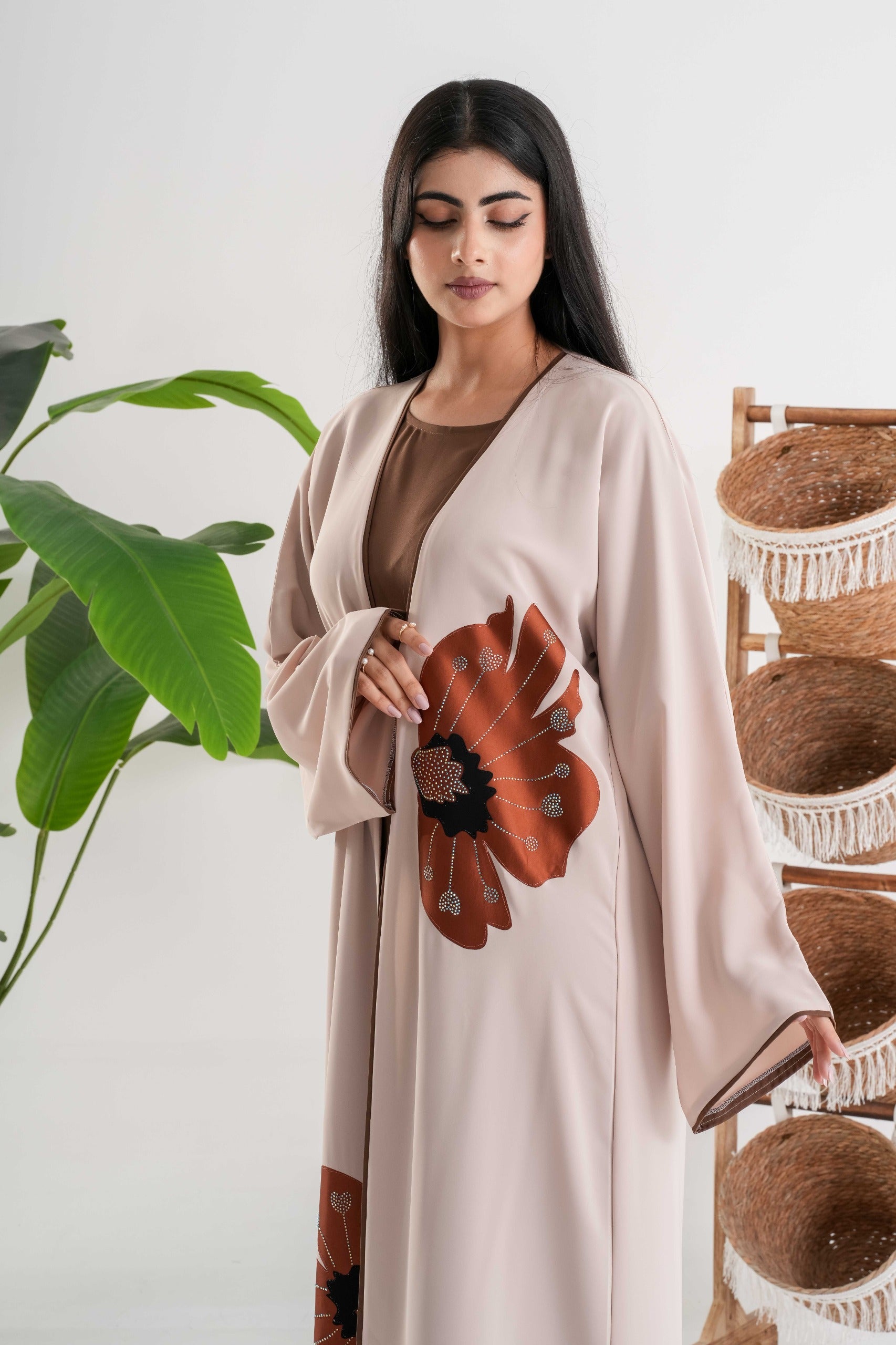 Beige Floral Abaya