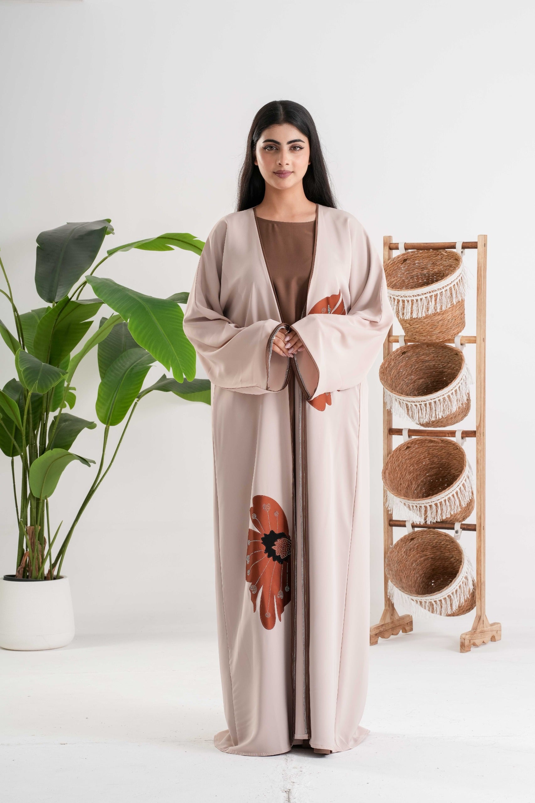 Beige Floral Abaya