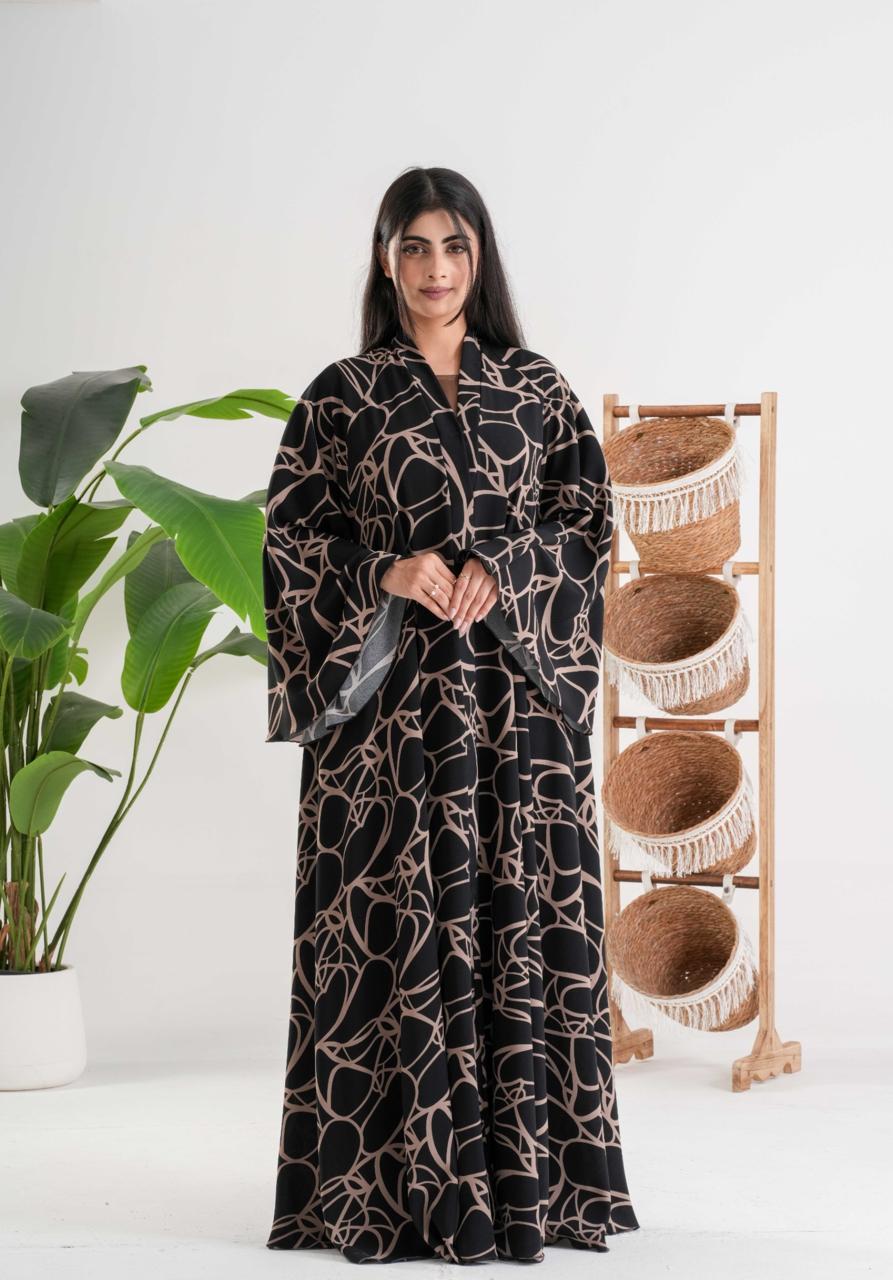 Black Abaya with Abstract Beige Pattern