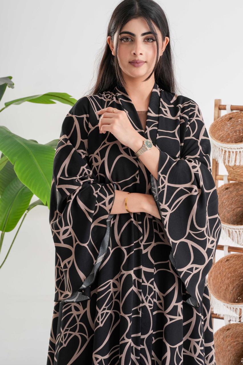 Black Abaya with Abstract Beige Pattern