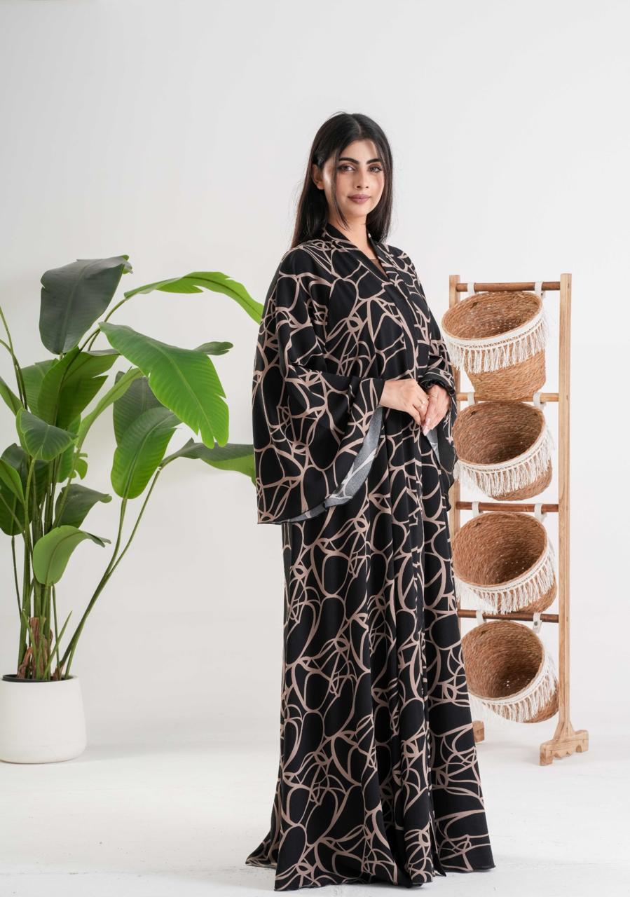 Black Abaya with Abstract Beige Pattern