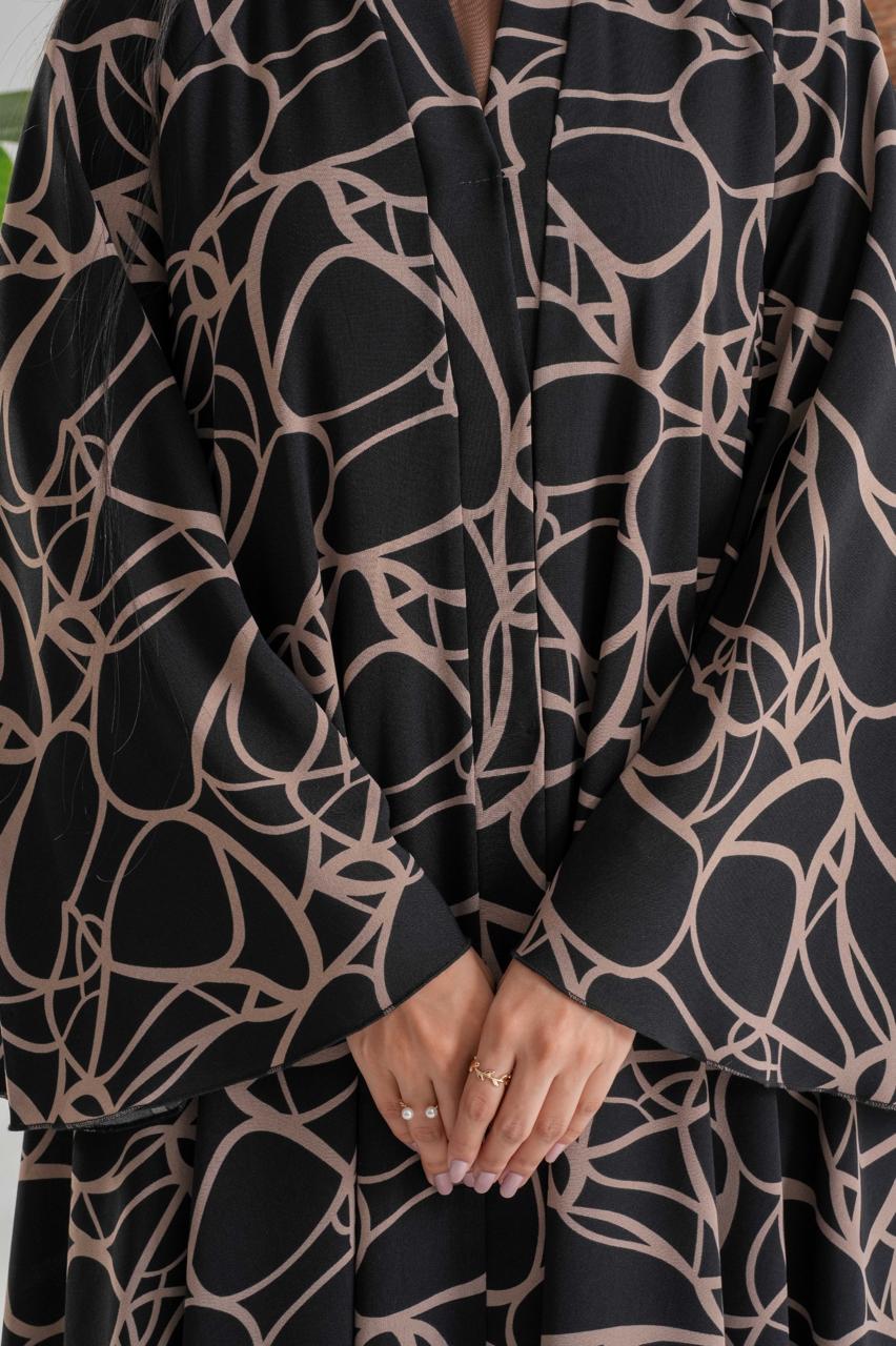 Black Abaya with Abstract Beige Pattern