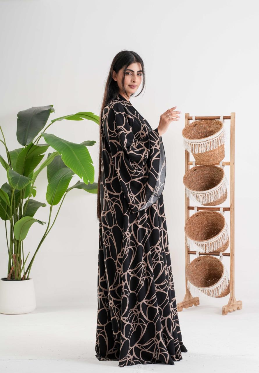 Black Abaya with Abstract Beige Pattern