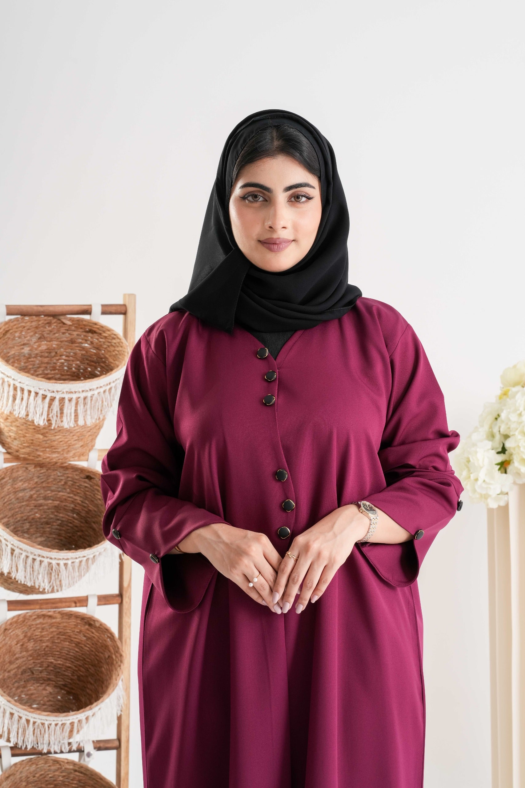 Plum Elegance Button Abaya