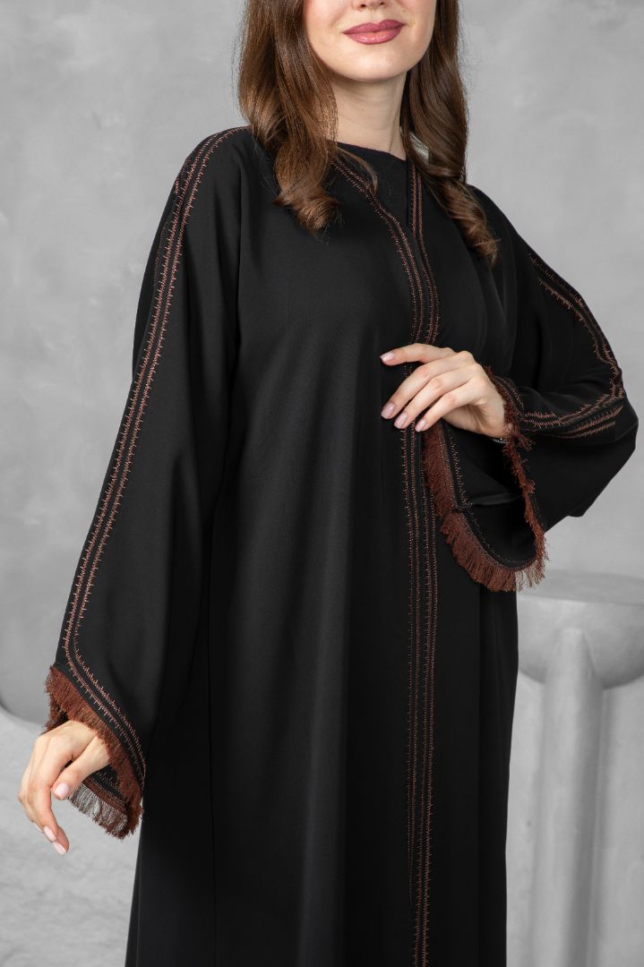 Classic Black Abaya – Nida Korean Fabric with Brown Thread Work Sleeves
